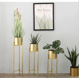 Modern Metal Floor Flower Stands With Planter Pot (Gold) Set of 3 - Free Size, Gold, Metal, Indoor/ Out Door, Pack of 3, Circular